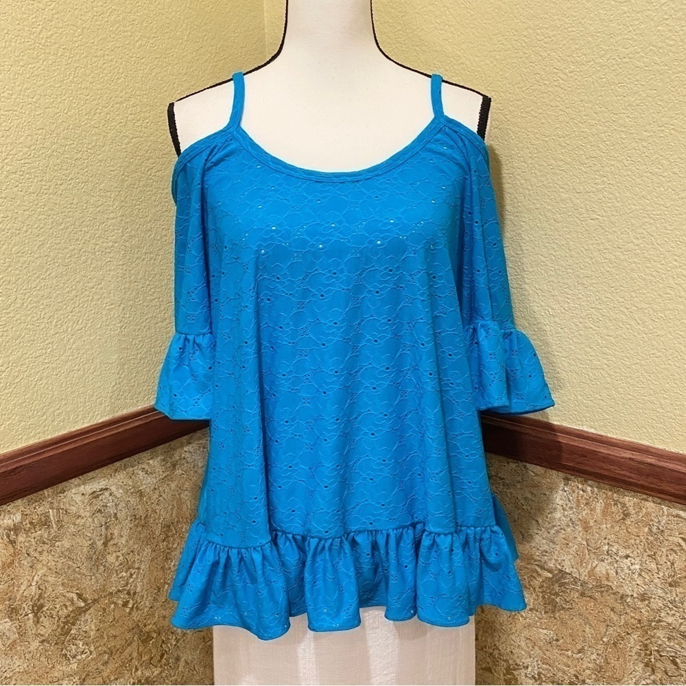MICHAEL MICHAEL KORS Womens Blue Ruffled Elbow Sleeve Off Shoulder Top Sz Large - Picture 12 of 13